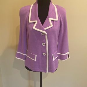 St John collection knit jacket Sz 6 worn once.Lilac (wisteria) with cream detail